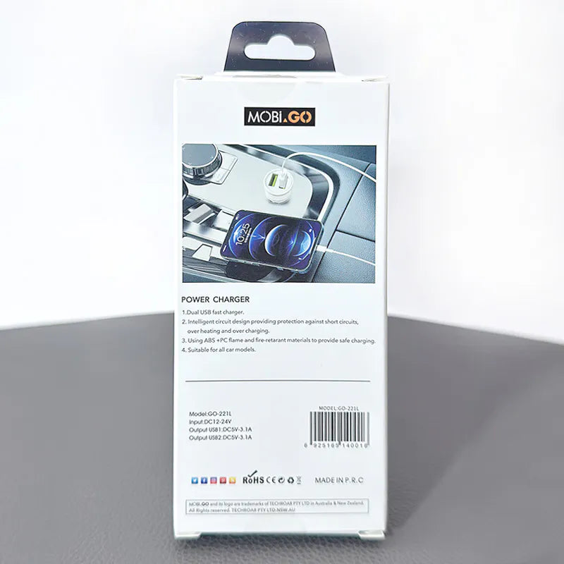 Mobigo dual USB fast car charger with lightning cable GO221L