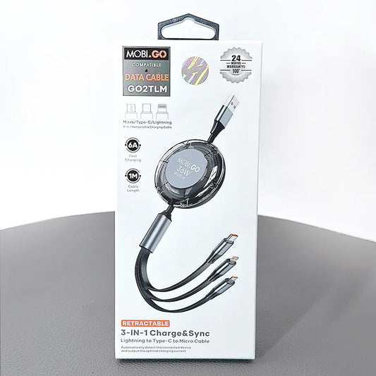 Mobigo 1m 6A 3 in 1 Retractable Charging Cable GO2TLM