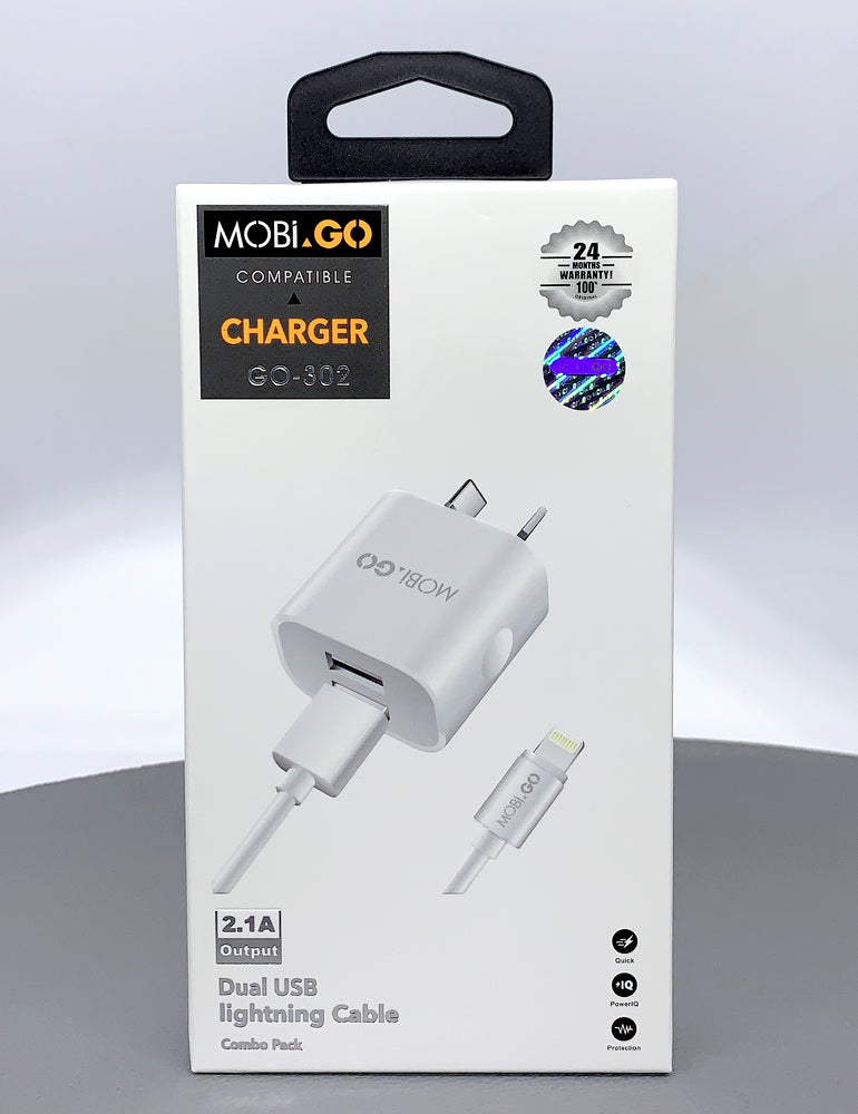 Mobigo dual USB fast home charger with lightning cable GO302