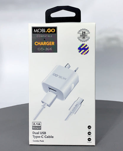 Mobigo dual USB fast home charger with type-c cable GO304